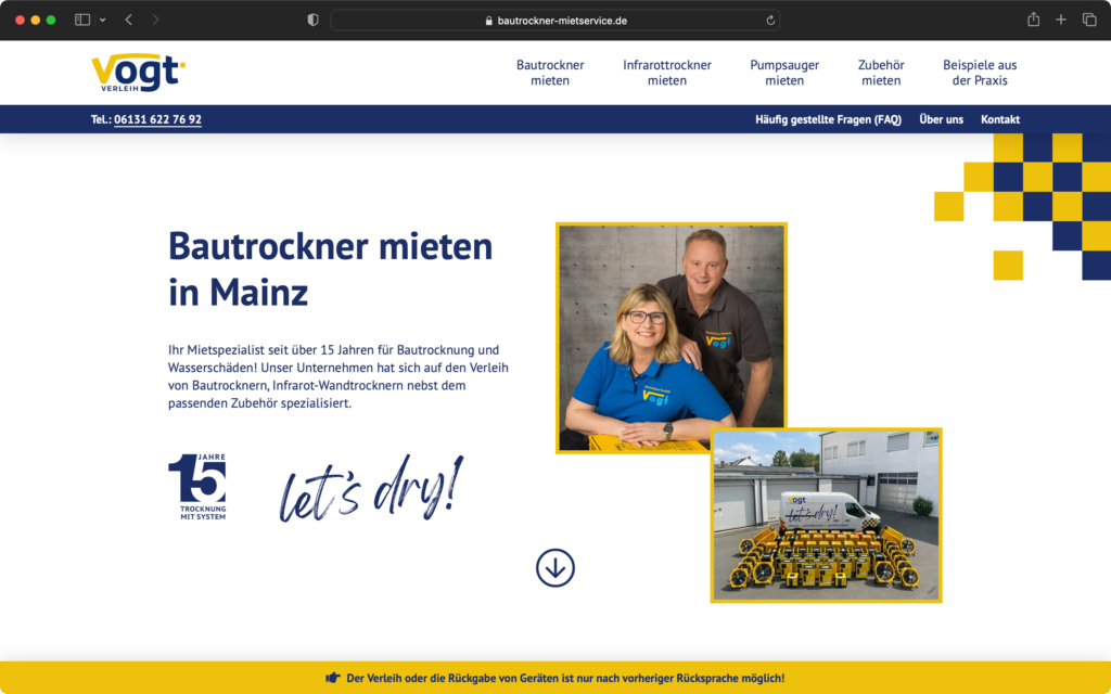Startseite der Webseite mit dem Angebot Bautrockner mieten in Mainz und Fotos von zwei Mitarbeitenden sowie Trocknungsgeräten vor einem Firmenfahrzeug.
