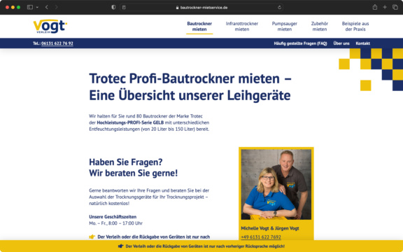 Screenshot zur veranschaulichung des Webdesigns: Die Unterseite „Bautrockner“ der Firma Vogt aus Mainz.