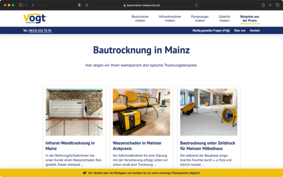 Screenshot zur veranschaulichung des Webdesigns: Übersicht der Praxisbeispiele der Firma Vogt aus Mainz.