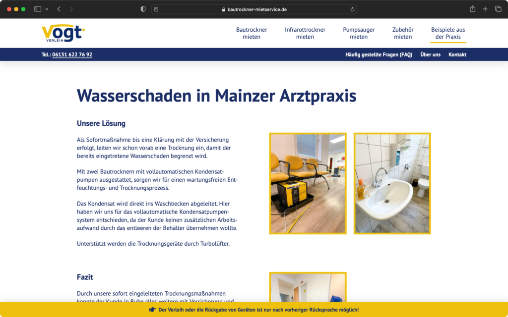 Screenshot einer Webseite mit dem Titel Wasserschaden in Mainzer Arztpraxis, Text zu Trocknungsmaßnahmen und drei Fotos von Bautrocknern und einem Waschbecken in Innenräumen.