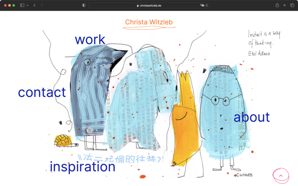 Startseite einer Website mit dem Namen Christa Witzleb, darauf eine bunte Zeichnung von vier Vögeln und einem kleinen gelben Tier, dazu die Wörter work, contact, inspiration und about.