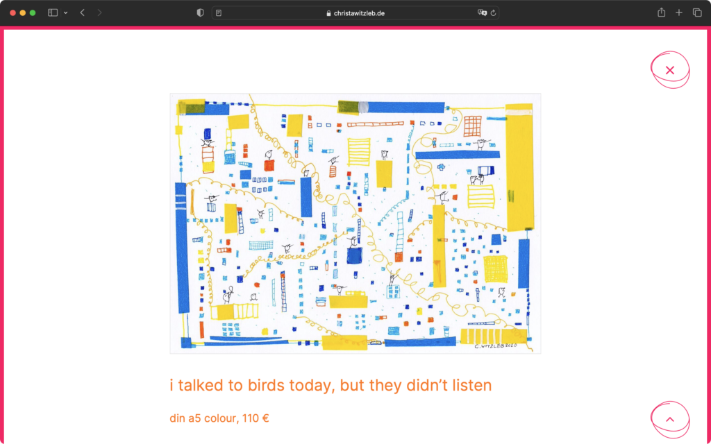 Abstrakte Zeichnung mit kleinen, stilisierten Vögeln, gelben und blauen Rechtecken sowie Linien auf weißem Hintergrund.
