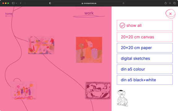 Screenshot zur veranschaulichung des Webdesigns: Die Filtermöglichkeiten der Kunstwerke.