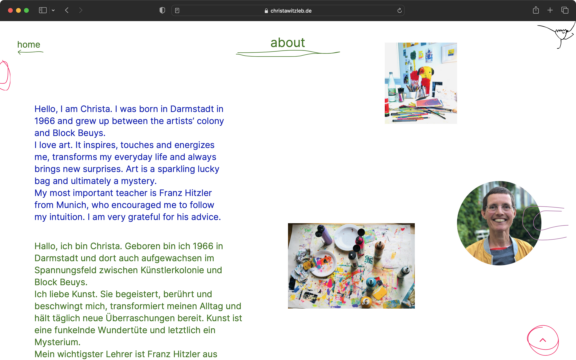 Screenshot zur veranschaulichung des Webdesigns: Auf der Seite „About“ stellt sich die Künstlerin Christa Witzleb aus Mainz vor.