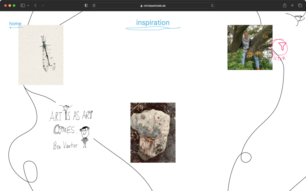 Die Unterseite „Inspiration“ zeigt eine Webseite mit drei Bildern: ein Insekt, ein Stein mit Gesichtsform und eine Person in einem Baum, sowie handschriftlichen Text.