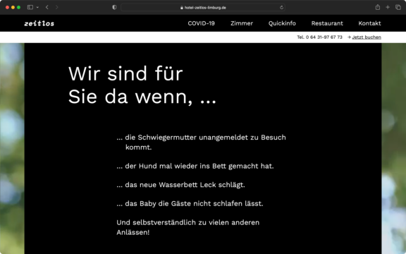 Screenshot der Webseite des Boutiquehotels zeitlos in Limburg an der Lahn.