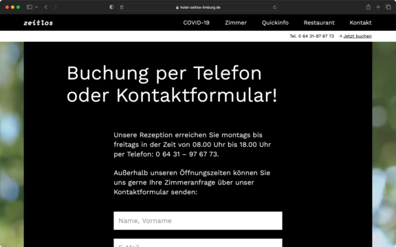 Screenshot des Kontaktformulars der Webseite des Boutiquehotels zeitlos in Limburg an der Lahn.