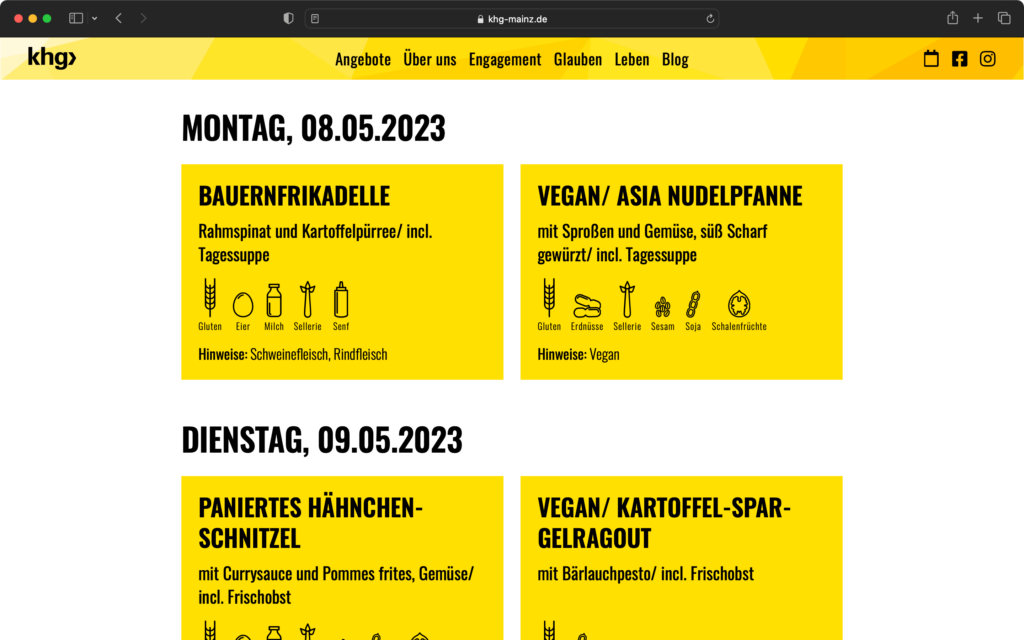 Screenshot zur veranschaulichung des Webdesigns: Der Speiseplans der KHG Mensa in Mainz.