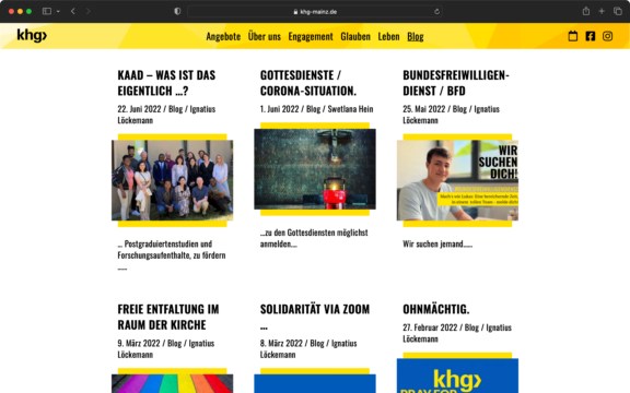 Screenshot zur veranschaulichung des Webdesigns: Der Übersichtsseite des Blogs der KHG Mainz.