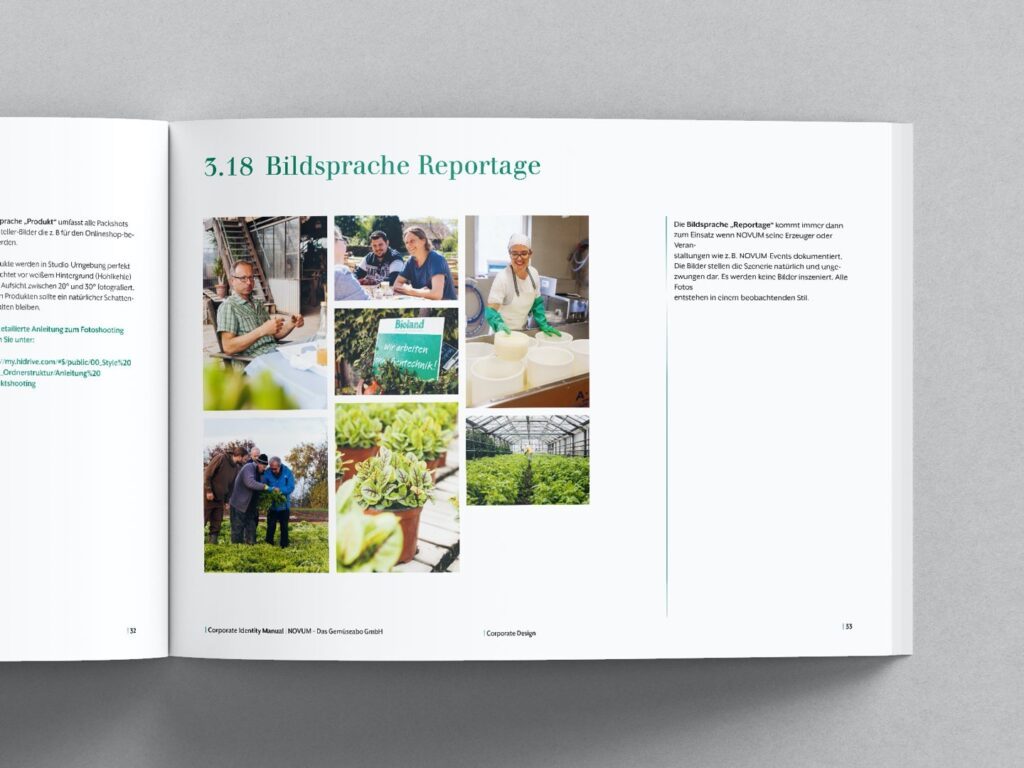 Aufgeschlagene Buchseite mit dem Kapitel 3.18 Bildsprache Reportage, mehreren Fotos von Menschen bei der Arbeit und Pflanzen sowie erklärendem Text auf Deutsch.