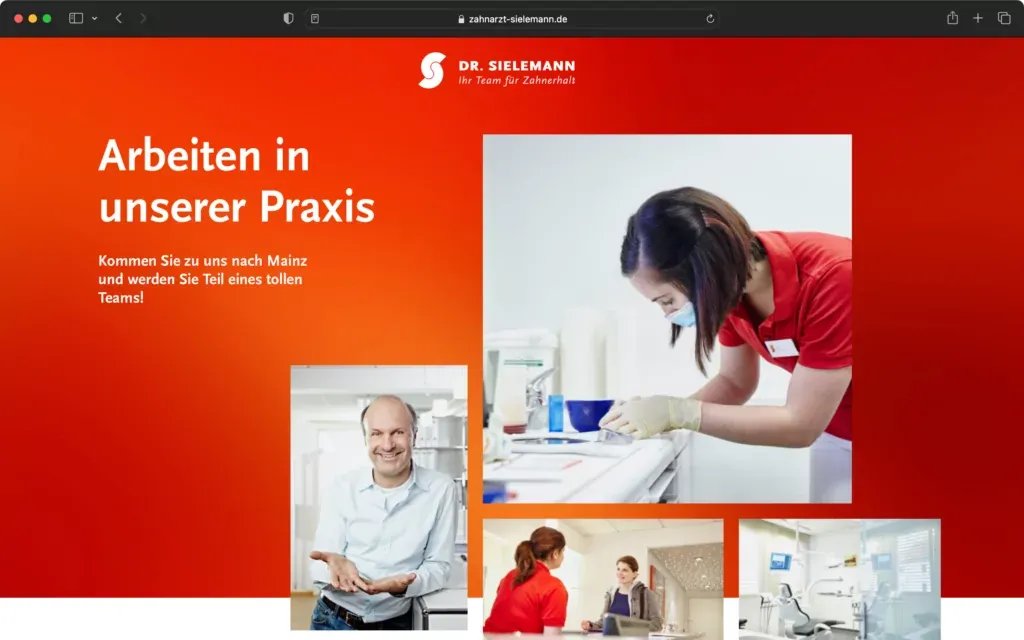 Startseite einer Zahnarzt-Website mit dem Text Arbeiten in unserer Praxis und Fotos von Personen in einer Zahnarztpraxis.
