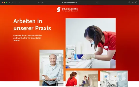 Webdesign Mainz: Screenshot zur veranschaulichung des Webdesigns: Die Landingpage zum Recruiting der Zahnarztpraxis Dr. Sielemann aus Mainz. Mit Titel und einem Foto-Raster.