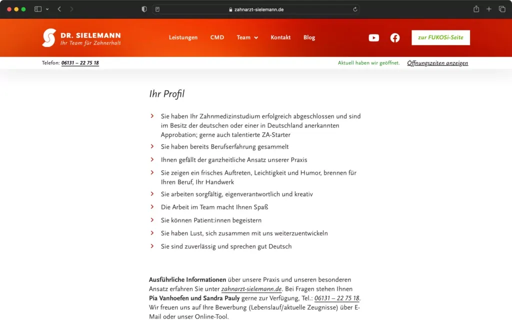 ALT-Text: Screenshot einer Webseite von Dr. Sielemann mit einer Aufzählungsliste zu Profilanforderungen für Zahnmediziner.