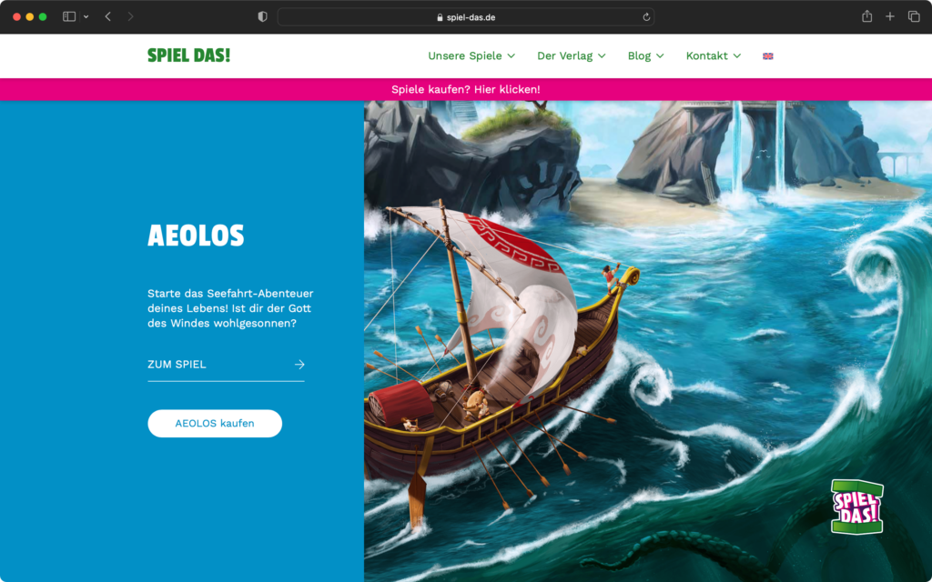 Screenshot einer Webseite mit einem Segelboot auf stürmischer See vor felsiger Küste und einem Krakenarm im Wasser, daneben Text zu einem Spiel namens Aeolos.