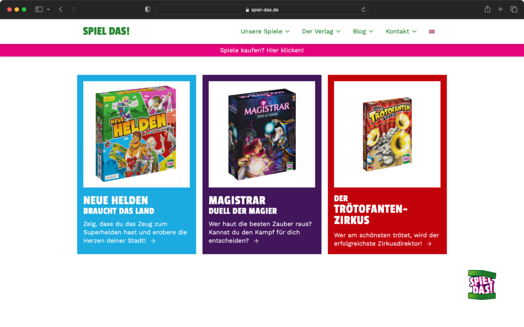 Screenshot einer Webseite mit drei vorgestellten Spielen: Neue Helden, Magistrar und Der Trötofantenzirkus, jeweils mit Spielverpackung und kurzer Beschreibung.