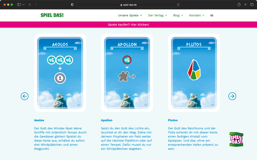 Screenshot einer Webseite mit drei Spielkarten namens Aeolos, Apollon und Plutos, jeweils mit Symbolen und Beschreibungen zu ihren Spieleffekten.
