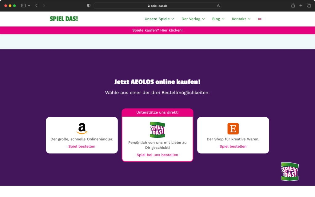 Website mit Kaufoptionen für das Spiel AEolos über Amazon, den eigenen Shop und Etsy, dargestellt auf einer dunkelvioletten Seite.