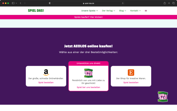 Screenshot der Webseite des Spieleverlags SPIEL DAS! aus Weiler bei Bingen.