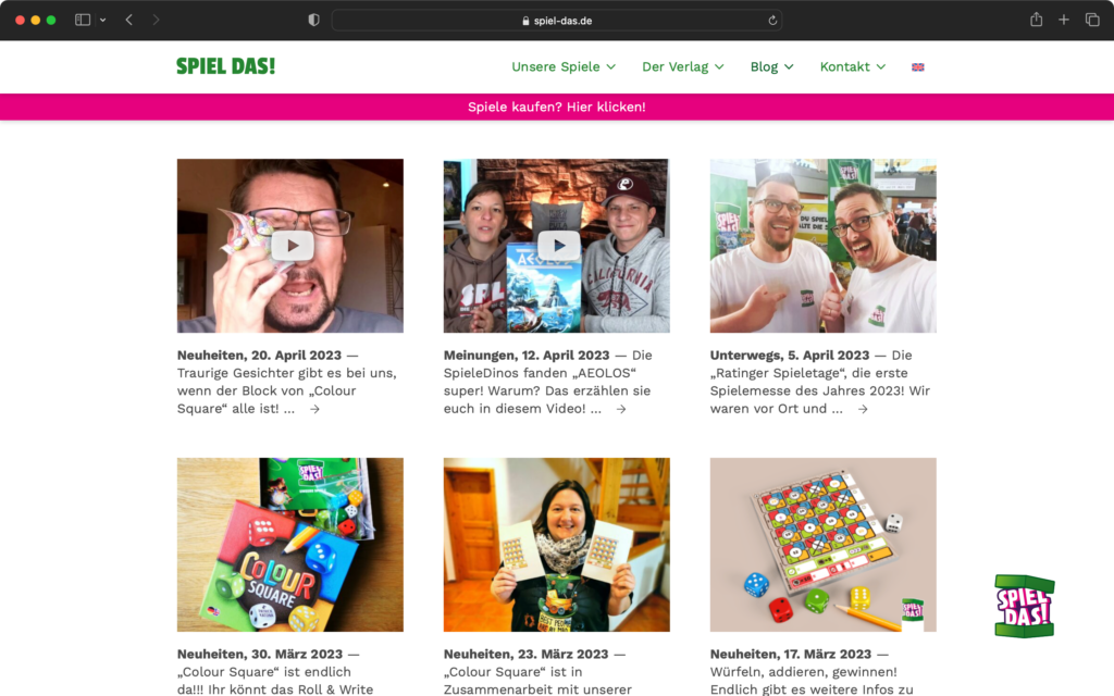 Screenshot einer Webseite mit sechs Blogeinträgen zu Spielen, jeweils mit Bild, Titel, Datum und kurzem Textauszug.