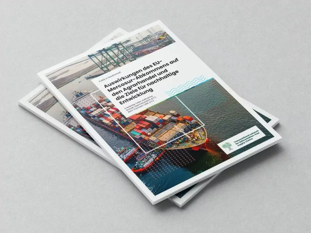 Zwei übereinanderliegende Broschüren mit einem Containerschiff im Hafen auf dem Cover und dem Titel zu Auswirkungen des EU-Mercosur-Abkommens.