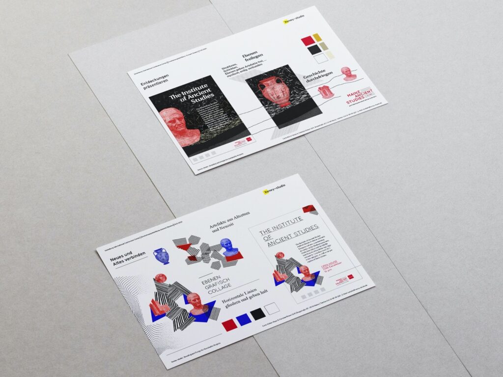 Zwei Flyer mit grafischen Collagen, Texten und Farbpaletten liegen auf grauem Untergrund.