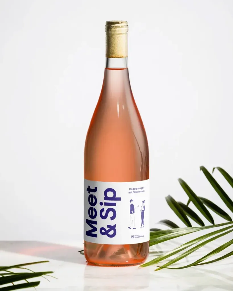 Eine Flasche Roséwein mit einem Etikett, auf dem „Meet & Sip“ und eine Zeichnung von zwei Personen zu sehen sind, steht auf einer weißen Oberfläche neben grünen Palmblättern.