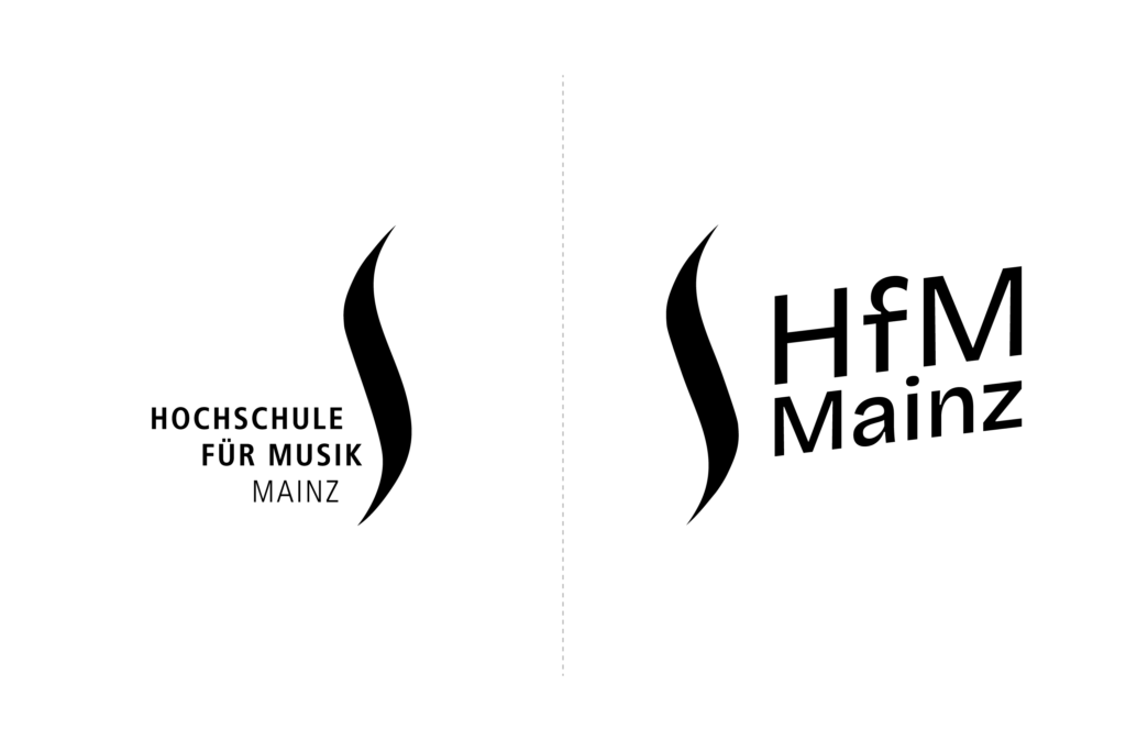 Links ist das alte Logo der Hochschule für Musik Mainz mit dem Schriftzug in Großbuchstaben und einem stilisierten f-Loch, rechts das neue Logo mit dem Schriftzug HfM in Großbuchstaben und dem Zusatz Hochschule für Musik Mainz.