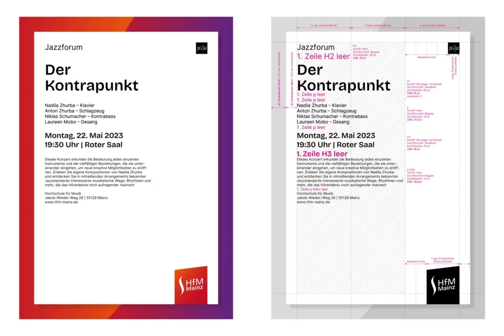 Links ein Veranstaltungsplakat für ein Jazzkonzert mit Text und farbigem Rahmen, rechts eine Layout-Analyse mit Markierungen und Schriftangaben.