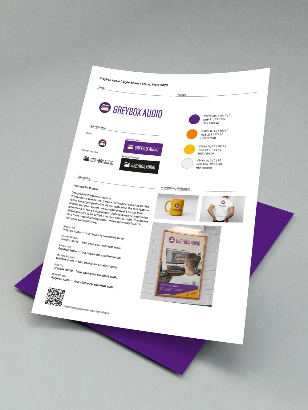 Ein Style-Sheet für Greybox Audio mit Logo-Varianten, Farbwerten, Typografie-Details und Anwendungsbeispielen auf einem weißen Blatt Papier.